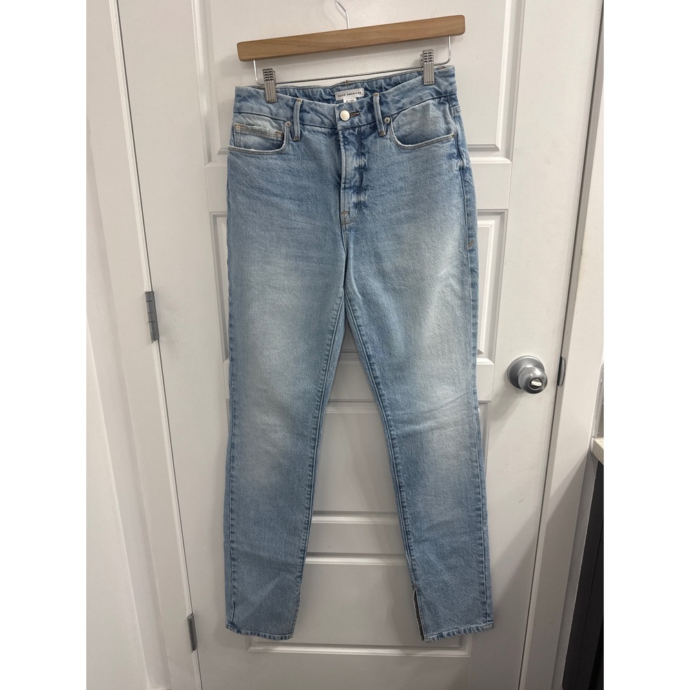 Good American Good Legs High Rise Skinny Jeans Light Wash Ankle split hem Size 2
